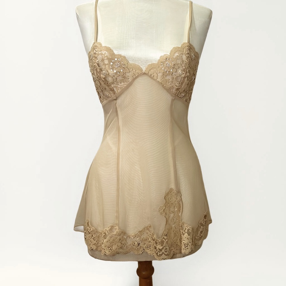 VTG 2001 Victoria’s Secret Sheer Lingerie Slip Lace with Crystal Embellishments